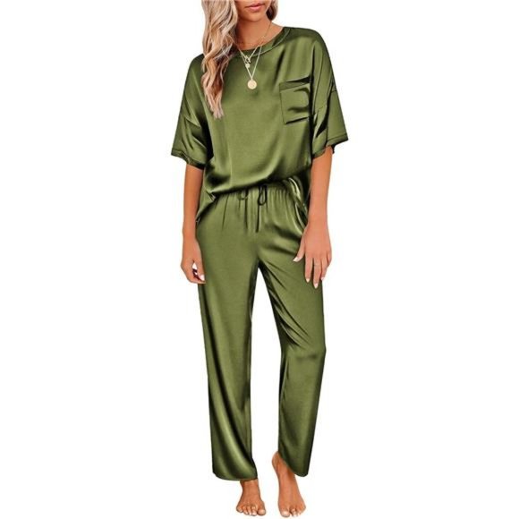 Womens Satin Silky Pajama Set Short Sleeve Shirt with Long Pajama Army Green - Picture 1 of 6